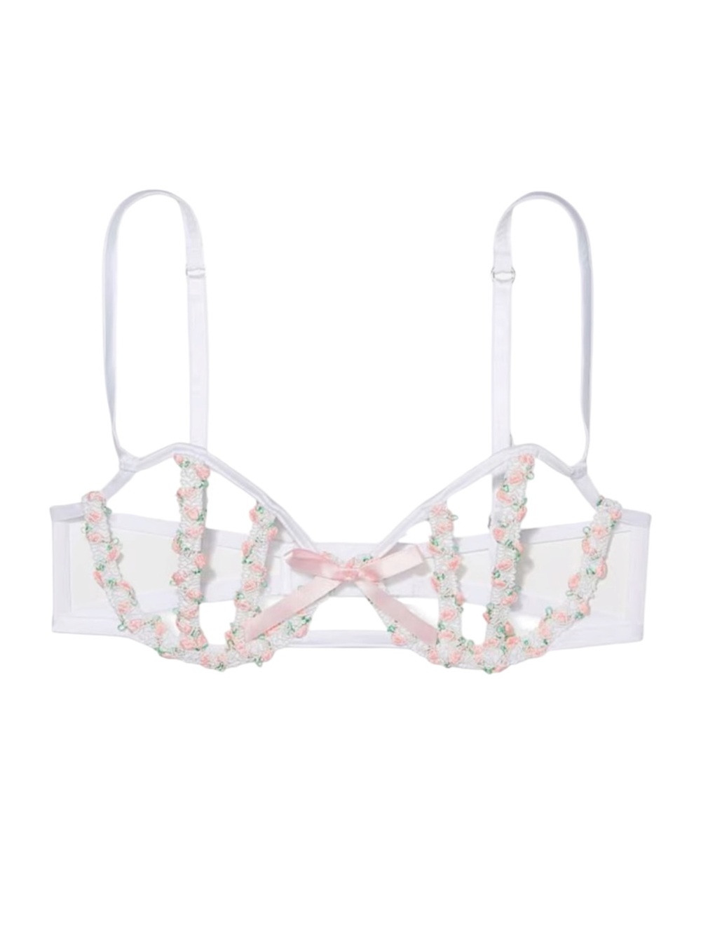 coquette Sheer White Floral Trim Strappy Bra with Pink Bow